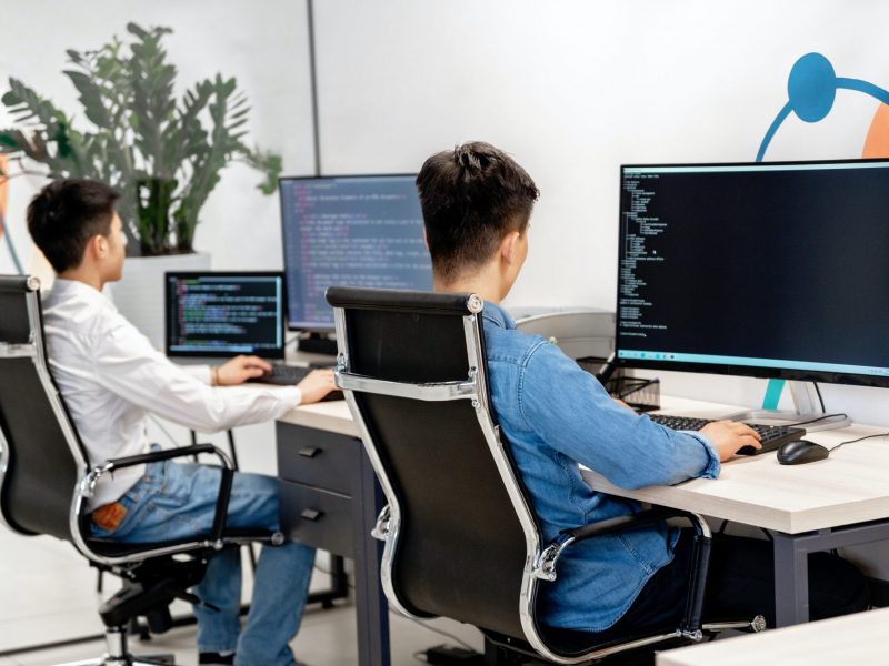Zwei Softwareentwickler sitzen am Schreibtisch und Programmieren.